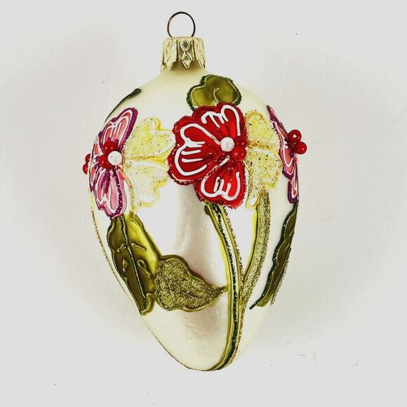 VTG Glass Christmas Ornament Floral Cloisonne Victorian style oval beads pearls - Picture 2 of 6